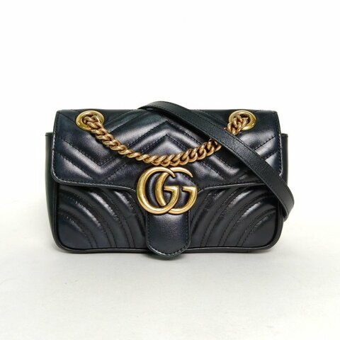 GUCCI GGMarmont肩背包Mini22黑色牛皮金扣肩背包