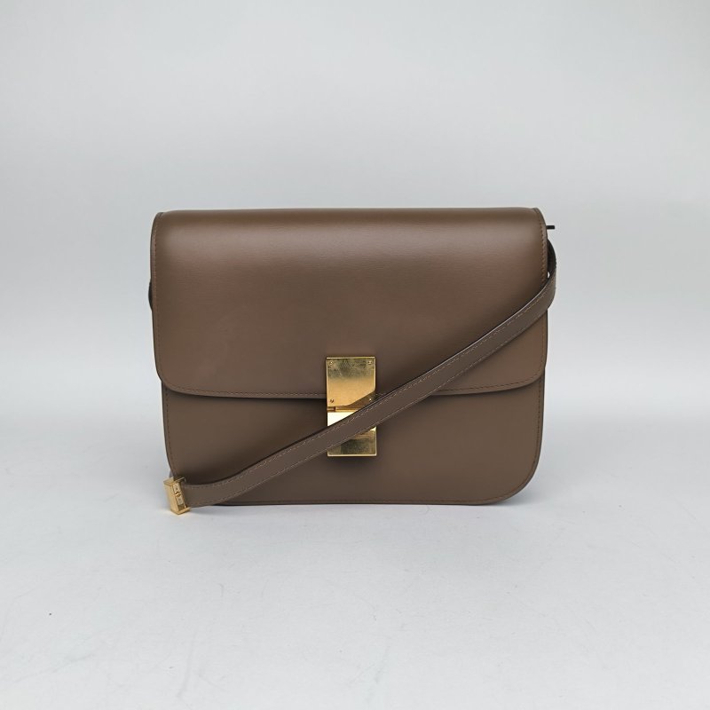 CELINE ClassicBox中號金棕色牛皮金扣肩背包-0