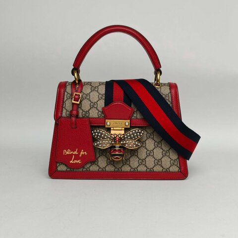 GUCCI QueenMargaret瑪格麗特皇后蜜蜂手提斜挎包小號25.5紅色PVC金扣肩背包