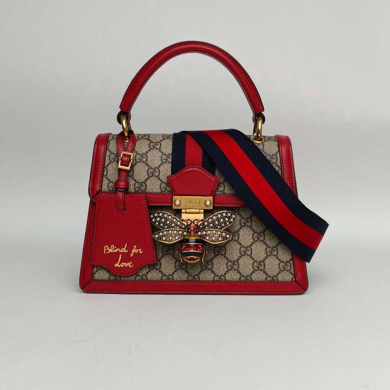 GUCCI QueenMargaret瑪格麗特皇后蜜蜂手提斜挎包小號25.5紅色PVC金扣肩背包-0