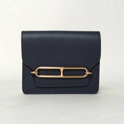 HERMES Roulis豬鼻子Slim錢包2Z午夜藍EC皮U刻金扣肩背包