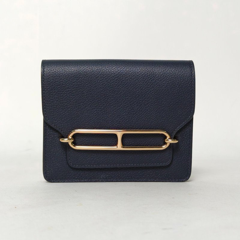 HERMES Roulis豬鼻子Slim錢包2Z午夜藍EC皮U刻金扣肩背包-0