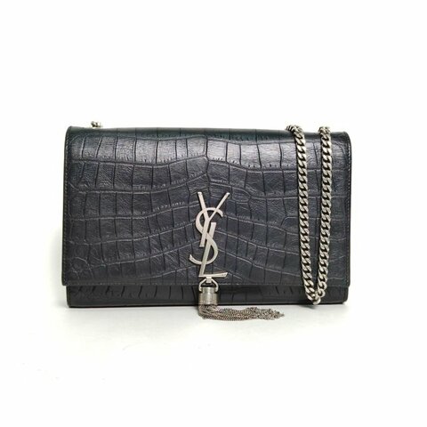 SAINT LAURENT KATE中號24鱷魚壓紋流蘇黑色牛皮銀扣肩背包
