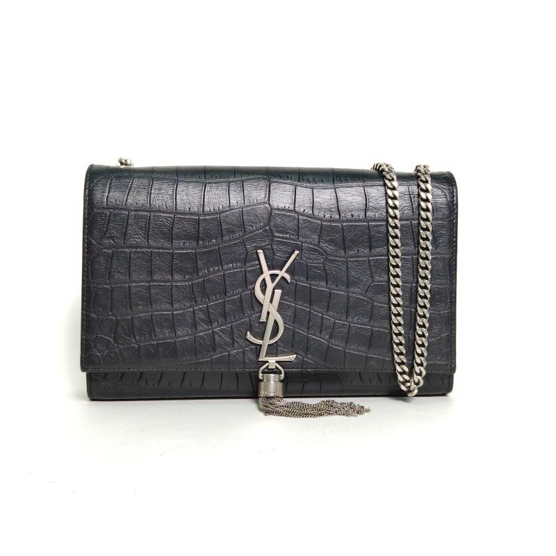 SAINT LAURENT KATE中號24鱷魚壓紋流蘇黑色牛皮銀扣肩背包-0