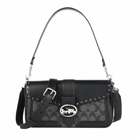 【COACH】拼接皮革馬車LOGO兩用包-黑色