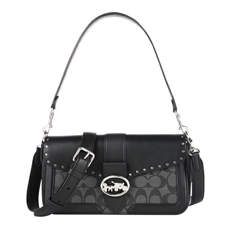 【COACH】拼接皮革馬車LOGO兩用包-黑色-0