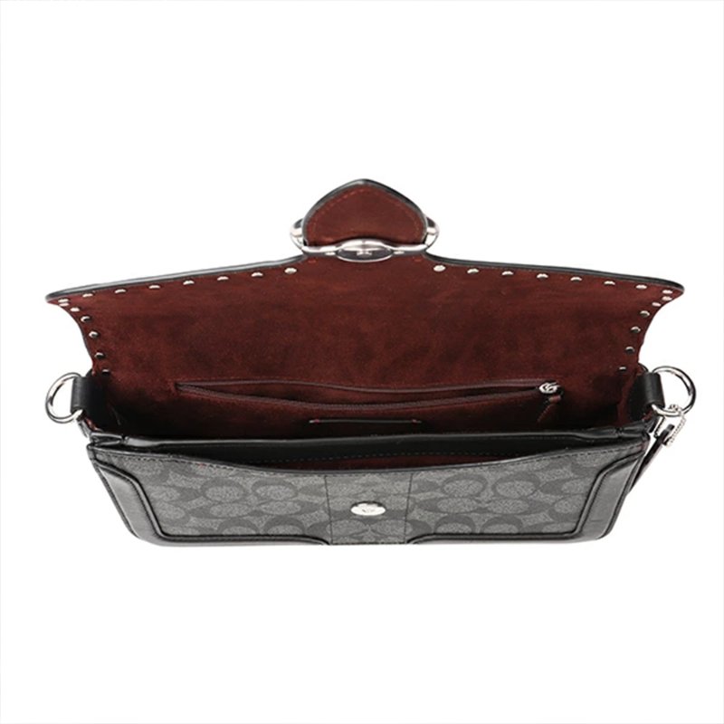 【COACH】拼接皮革馬車LOGO兩用包-黑色-2