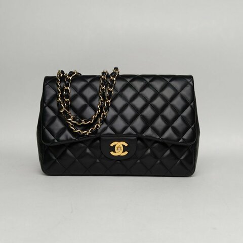 CHANEL CF口蓋包單蓋JUMBO30黑色羊皮13開金扣肩背包