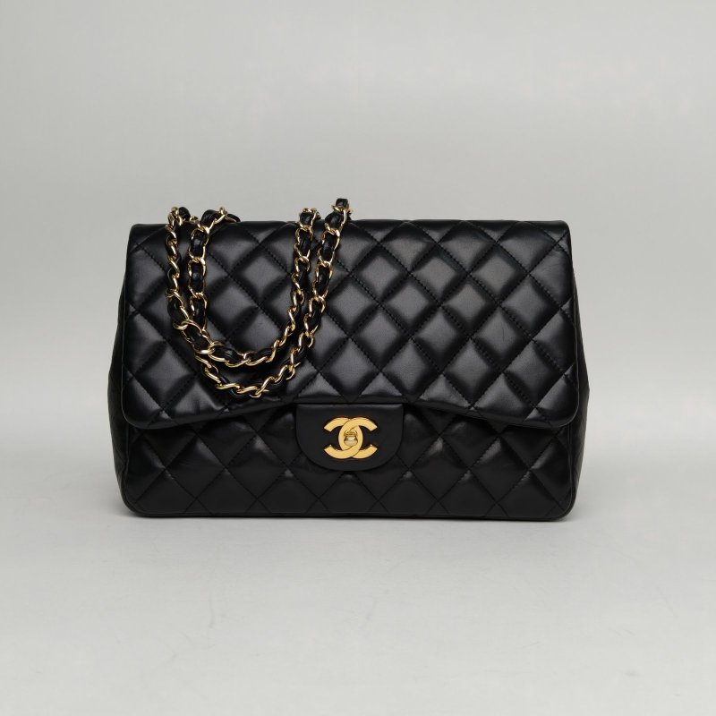 CHANEL CF口蓋包單蓋JUMBO30黑色羊皮13開金扣肩背包-0