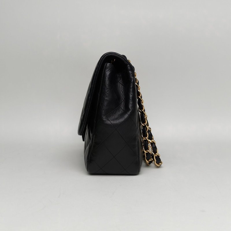 CHANEL CF口蓋包單蓋JUMBO30黑色羊皮13開金扣肩背包-1