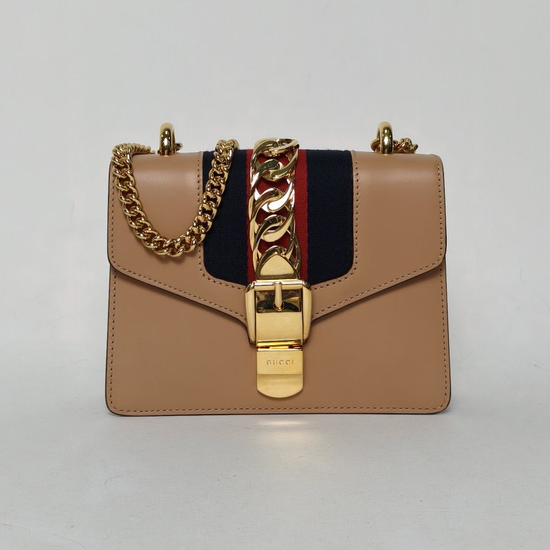 GUCCI Sylvie塞爾維亞絲帶包Mini19棕色牛皮金扣肩背包-0