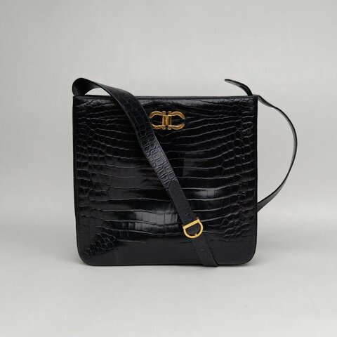 FERRAGAMO 黑色牛皮金扣中古鱷魚壓紋單肩包斜挎包28*28肩背包