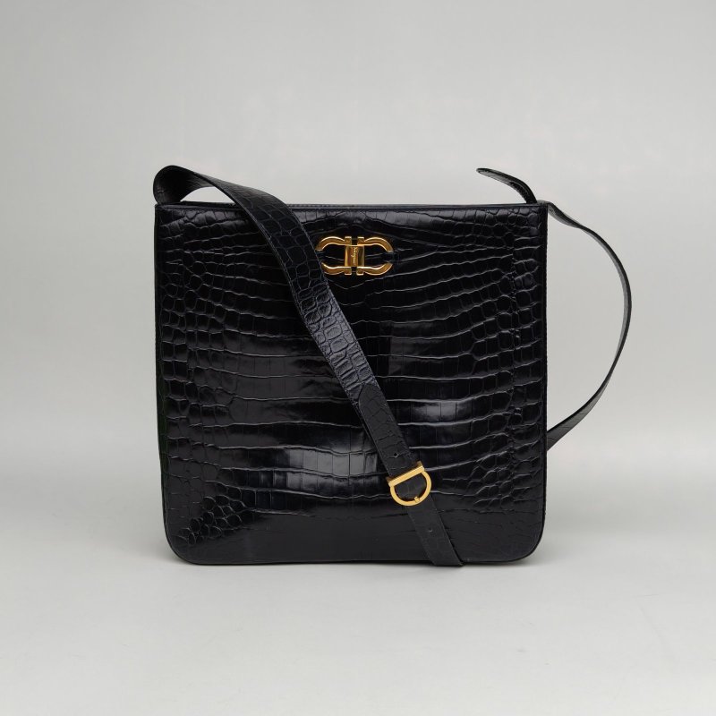 FERRAGAMO 黑色牛皮金扣中古鱷魚壓紋單肩包斜挎包28*28肩背包-0