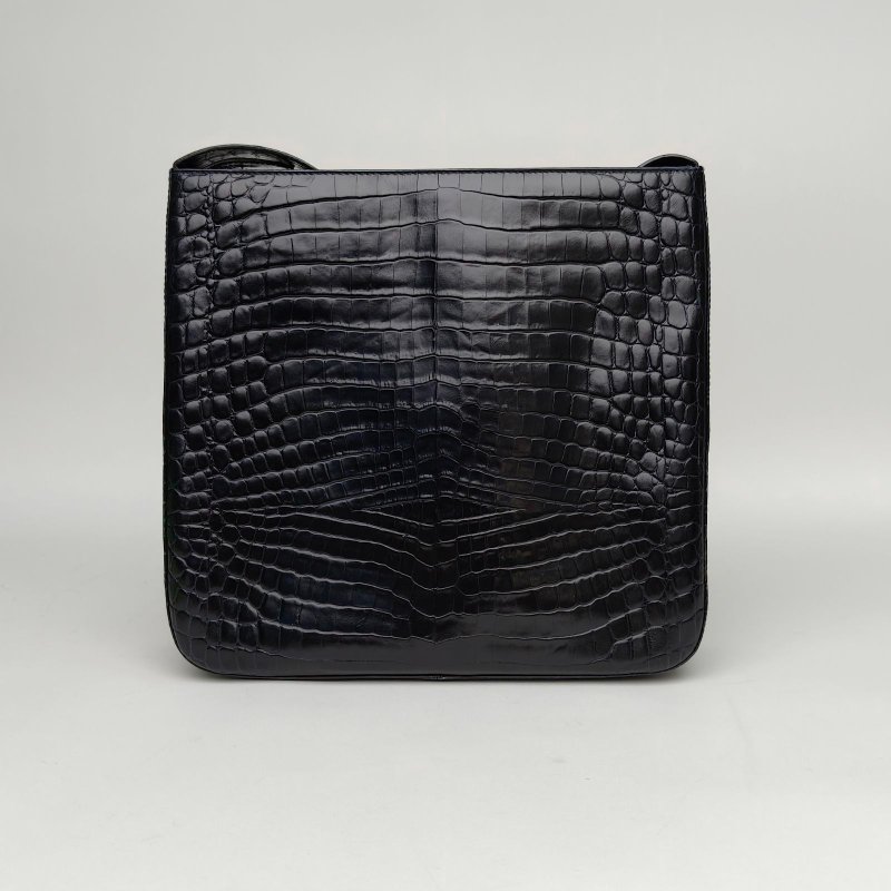 FERRAGAMO 黑色牛皮金扣中古鱷魚壓紋單肩包斜挎包28*28肩背包-2