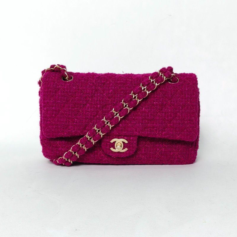 CHANEL CF口蓋包中號25.5紫色毛呢13開金扣肩背包-0