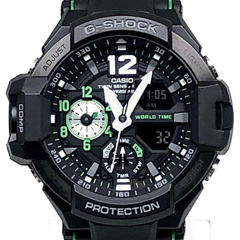 Casio G-SHOCK GA-1100-1A3 GRAVITYMASTER 手錶，配備雙感應器、指南針、溫度測量、世界時間、高亮度 LED 照明，黑色/綠色指針/數字雙顯，2015 年 4 月發布，Mikunigaoka 商店，IT008WMV71LO