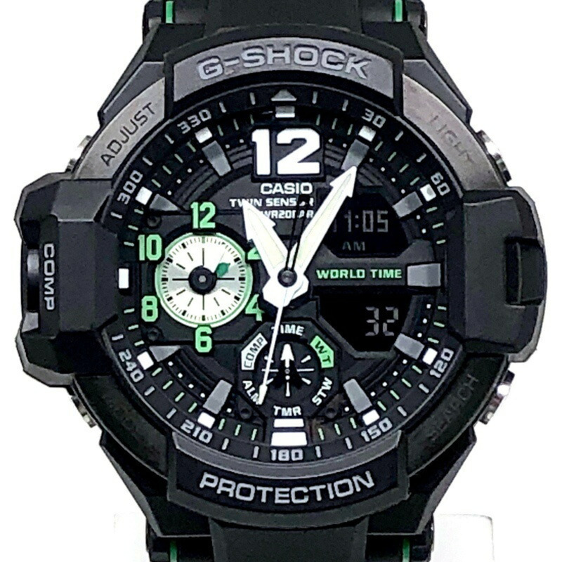 Casio G-SHOCK GA-1100-1A3 GRAVITYMASTER 手錶，配備雙感應器、指南針、溫度測量、世界時間、高亮度 LED 照明，黑色/綠色指針/數字雙顯，2015 年 4 月發布，Mikunigaoka 商店，IT008WMV71LO-0