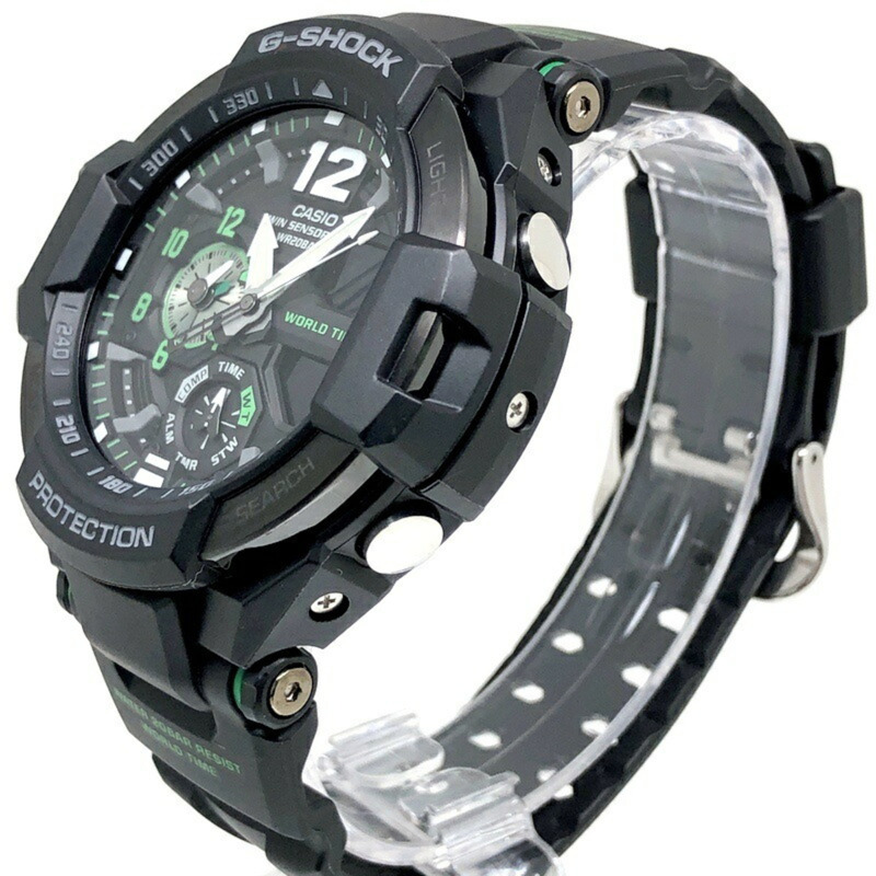 Casio G-SHOCK GA-1100-1A3 GRAVITYMASTER 手錶，配備雙感應器、指南針、溫度測量、世界時間、高亮度 LED 照明，黑色/綠色指針/數字雙顯，2015 年 4 月發布，Mikunigaoka 商店，IT008WMV71LO-2