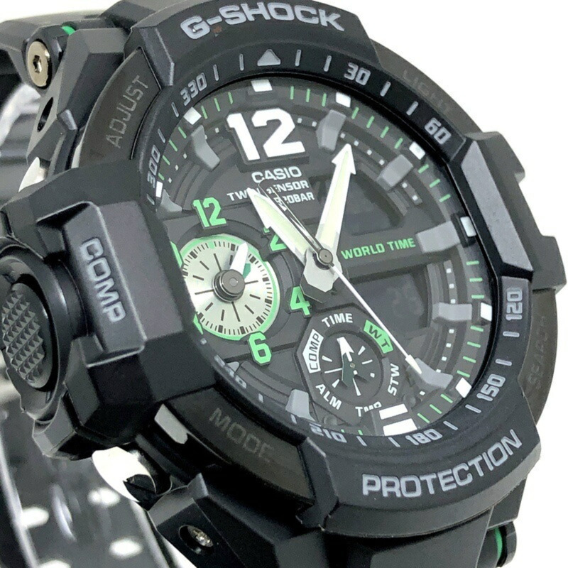 Casio G-SHOCK GA-1100-1A3 GRAVITYMASTER 手錶，配備雙感應器、指南針、溫度測量、世界時間、高亮度 LED 照明，黑色/綠色指針/數字雙顯，2015 年 4 月發布，Mikunigaoka 商店，IT008WMV71LO-3