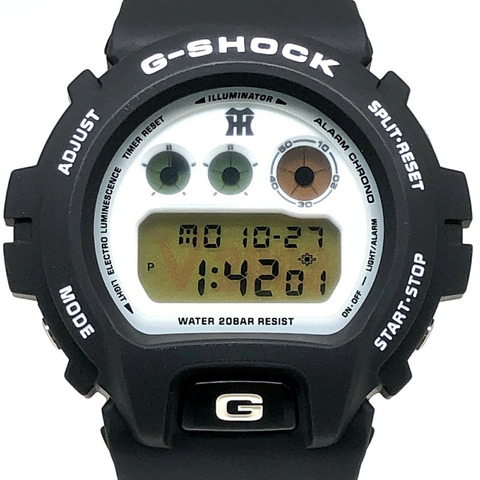 卡西歐 G-SHOCK DW-6900BHTGV-9 手錶，阪神虎隊 2003 年冠軍聯名款，黑白配色，錯版商品，2003 年 12 月發售，三國丘店，ITNKI89SDAV4