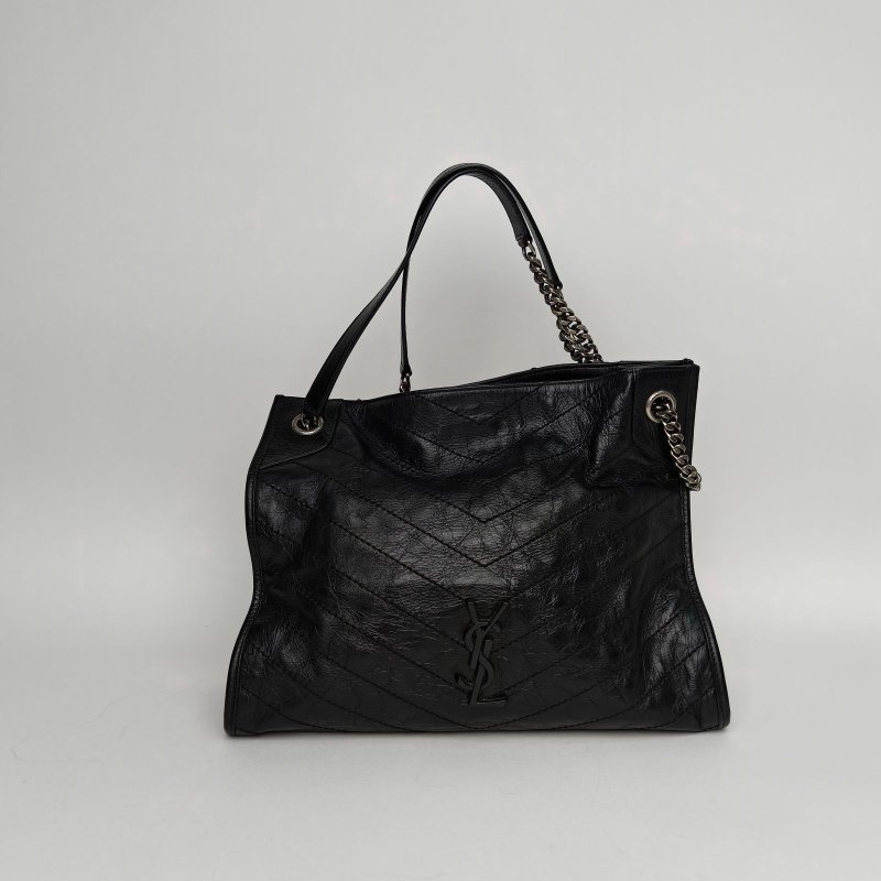 SAINT LAURENT NikiMediumShopping購物袋中號33黑色牛皮銀扣肩背包-0