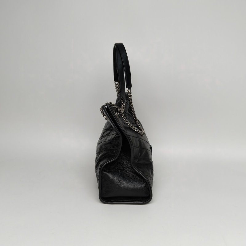 SAINT LAURENT NikiMediumShopping購物袋中號33黑色牛皮銀扣肩背包-3