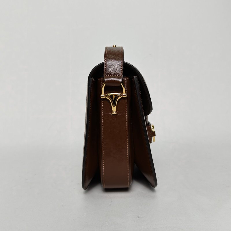 GUCCI Horsebit馬銜扣1955馬鞍包小號25棕色PVC金扣肩背包-1