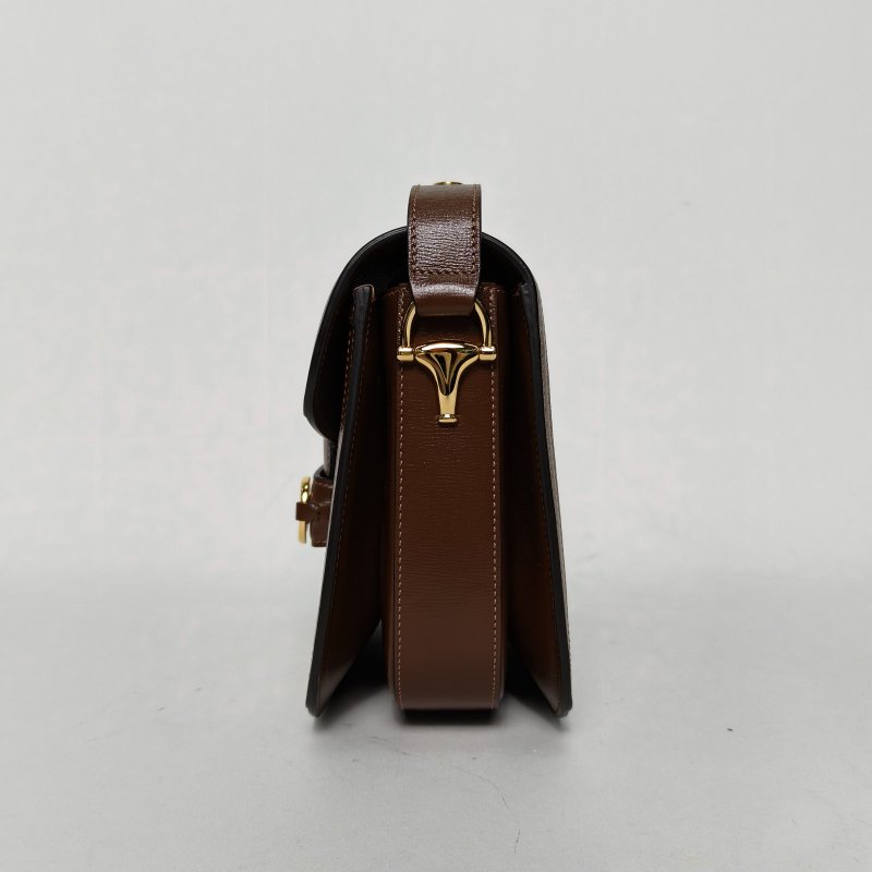 GUCCI Horsebit馬銜扣1955馬鞍包小號25棕色PVC金扣肩背包-3