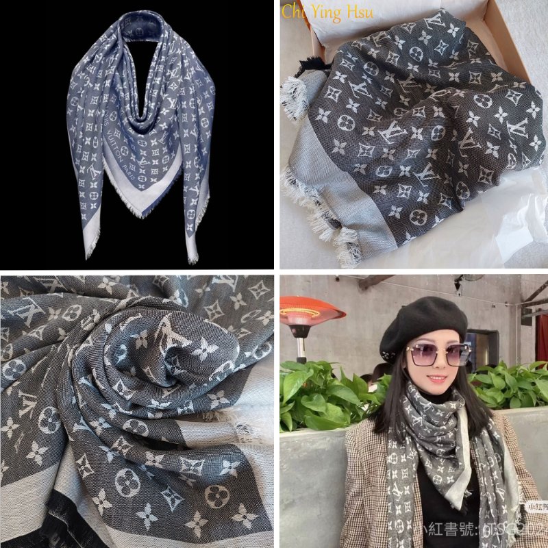LV M71378 Monogram Denim 🌈實品拍照🌈披肩/滿版老花/羊毛絲綢披肩/圍巾/黑銀/黑灰(9.8新)-45