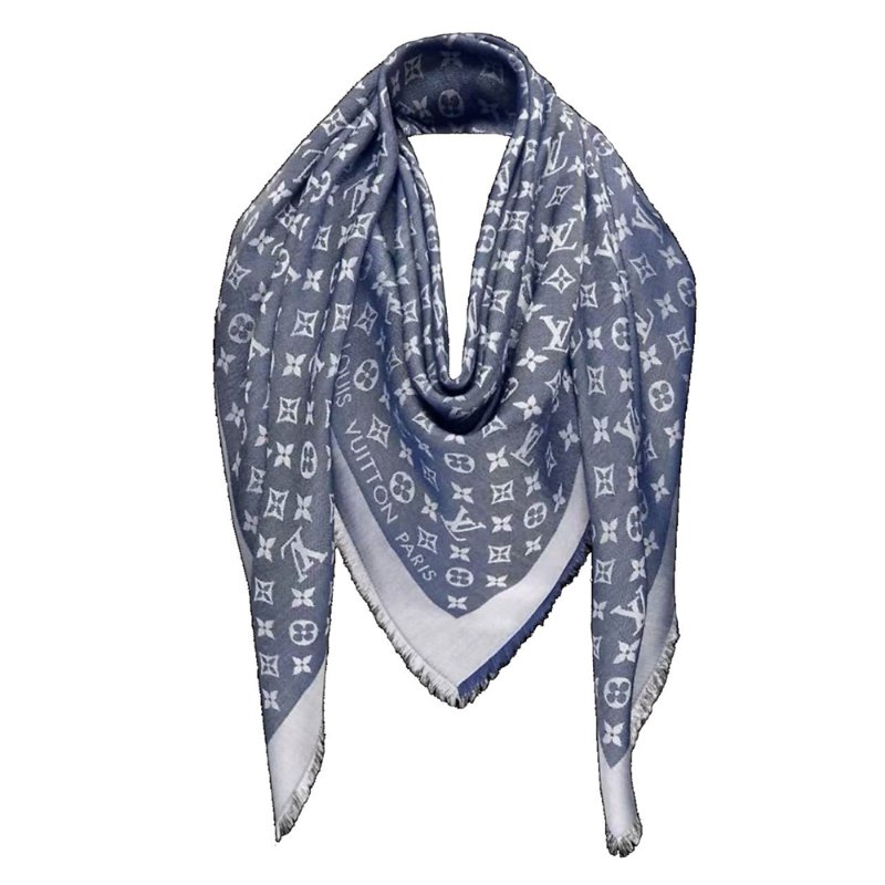 LV M71378 Monogram Denim 🌈實品拍照🌈披肩/滿版老花/羊毛絲綢披肩/圍巾/黑銀/黑灰(9.8新)-56