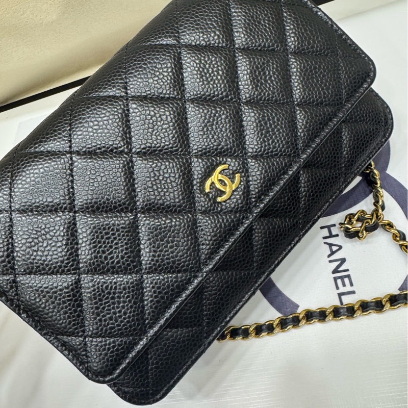 Chanel黑金荔枝牛 woc 链条包 芯片款-5