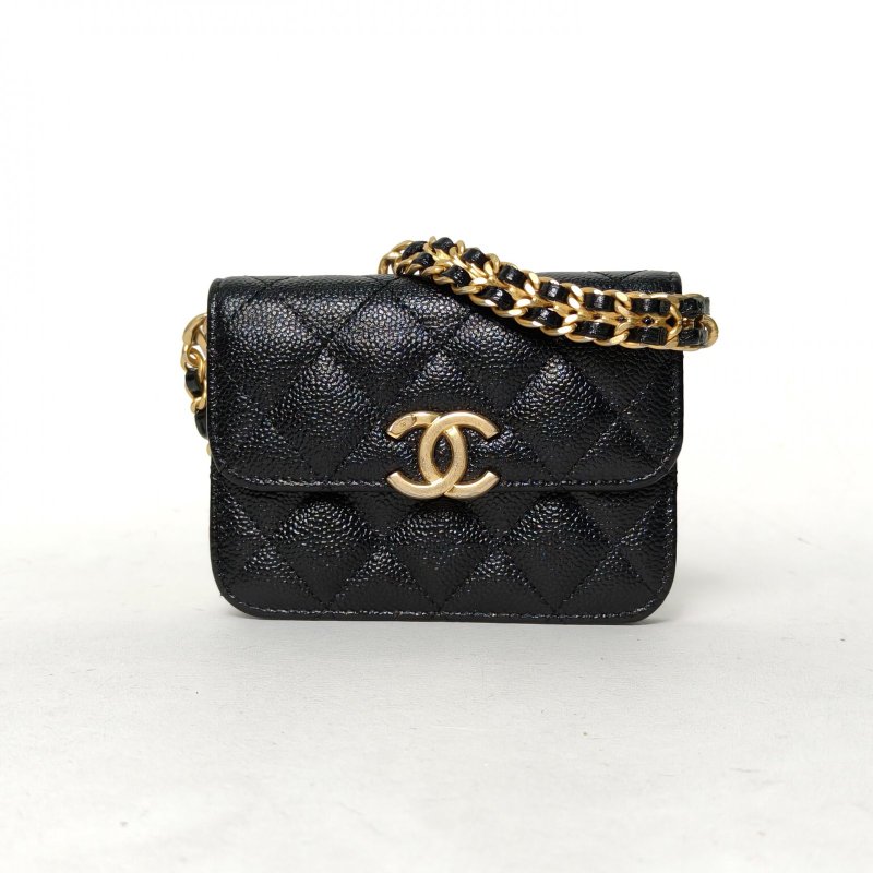 CHANEL 黑色荔枝牛皮31開金扣22PCF口蓋包mini拼接鏈條13肩背包-0