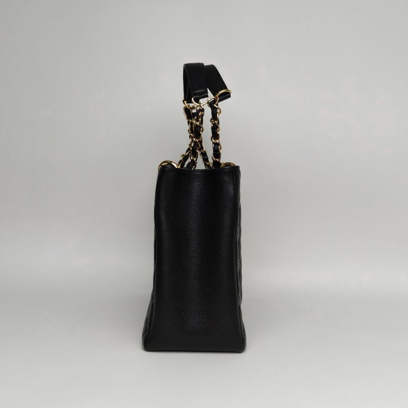 CHANEL GST購物袋小號33黑色荔枝牛皮19開金扣肩背包-1