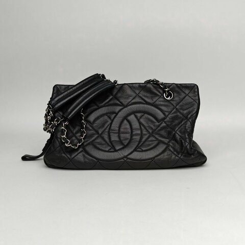 CHANEL 黑色荔枝牛皮14開銀扣雙C大LOGO手提托特包肩背包