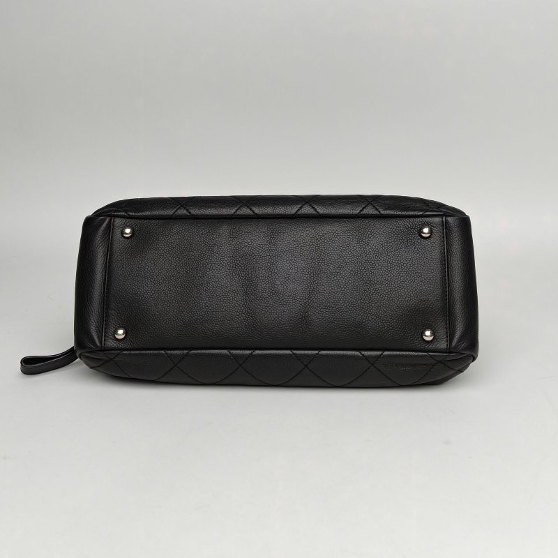 CHANEL 黑色荔枝牛皮14開銀扣雙C大LOGO手提托特包肩背包-4