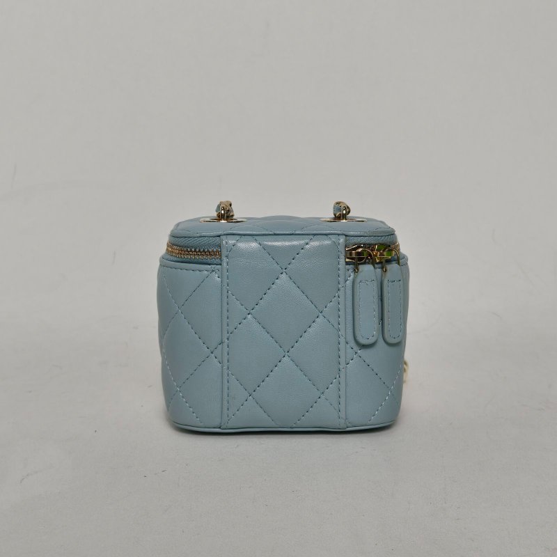 CHANEL 22P方盒子化妝包帶鏡子11藍色羊皮32開金扣珍珠拼皮穿鏈肩背包-2