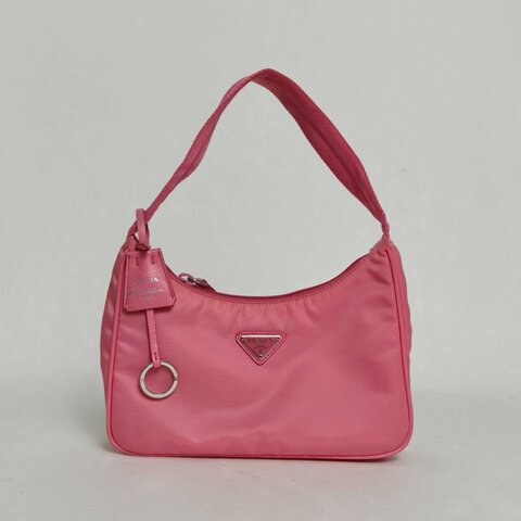 PRADA Hobo腋下包粉色尼龍銀扣肩背包