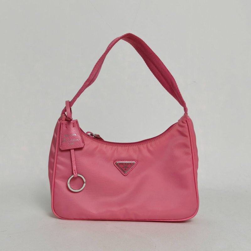 PRADA Hobo腋下包粉色尼龍銀扣肩背包-0