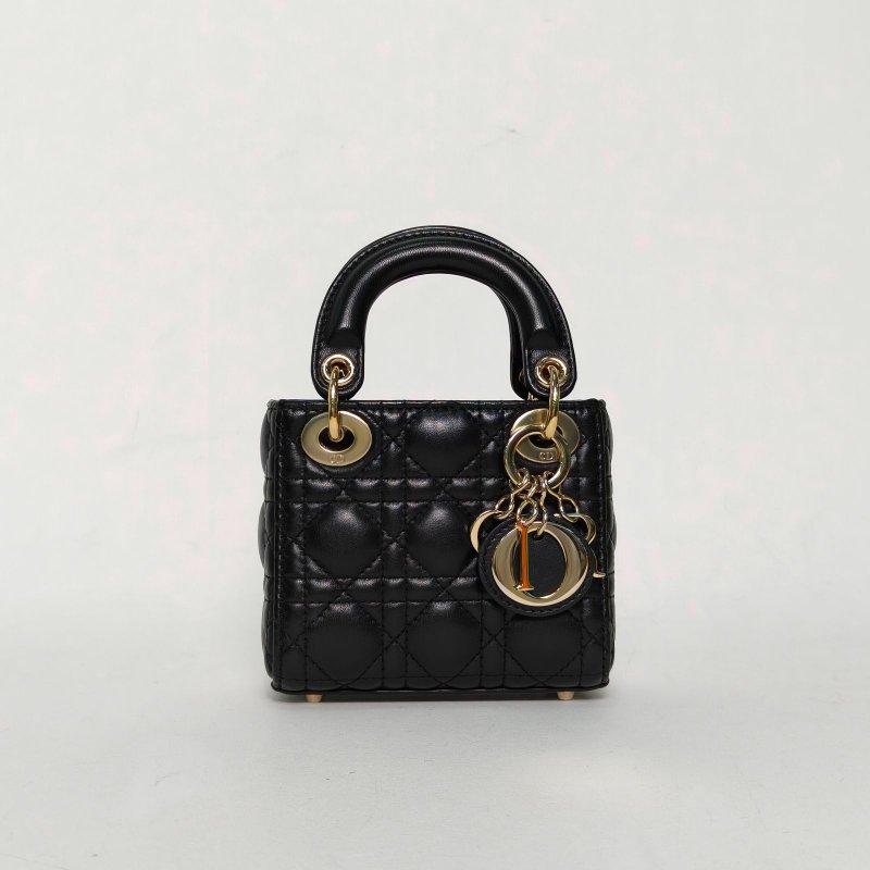 DIOR Lady戴妃包超迷你12黑色羊皮金扣2021肩背包-0
