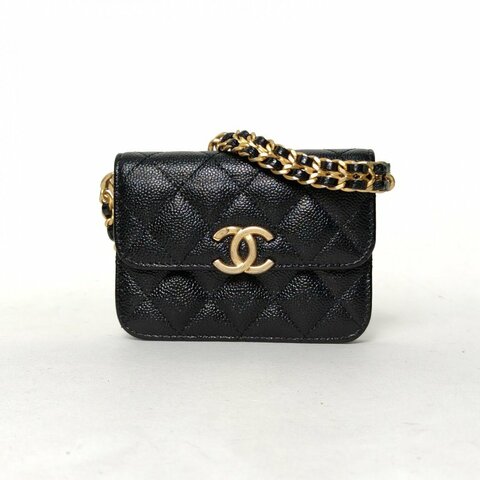 CHANEL 黑色荔枝牛皮31開金扣22PCF口蓋包mini拼接鏈條13肩背包