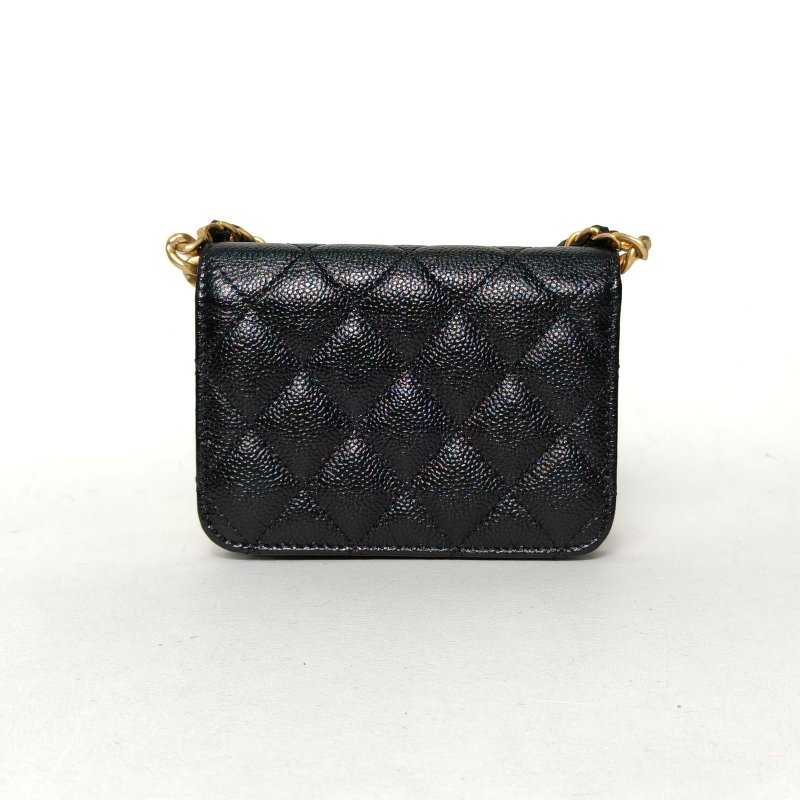 CHANEL 黑色荔枝牛皮31開金扣22PCF口蓋包mini拼接鏈條13肩背包-2