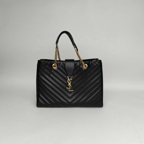 SAINT LAURENT 黑色荔枝牛皮金扣V紋信封單肩托特包肩背包