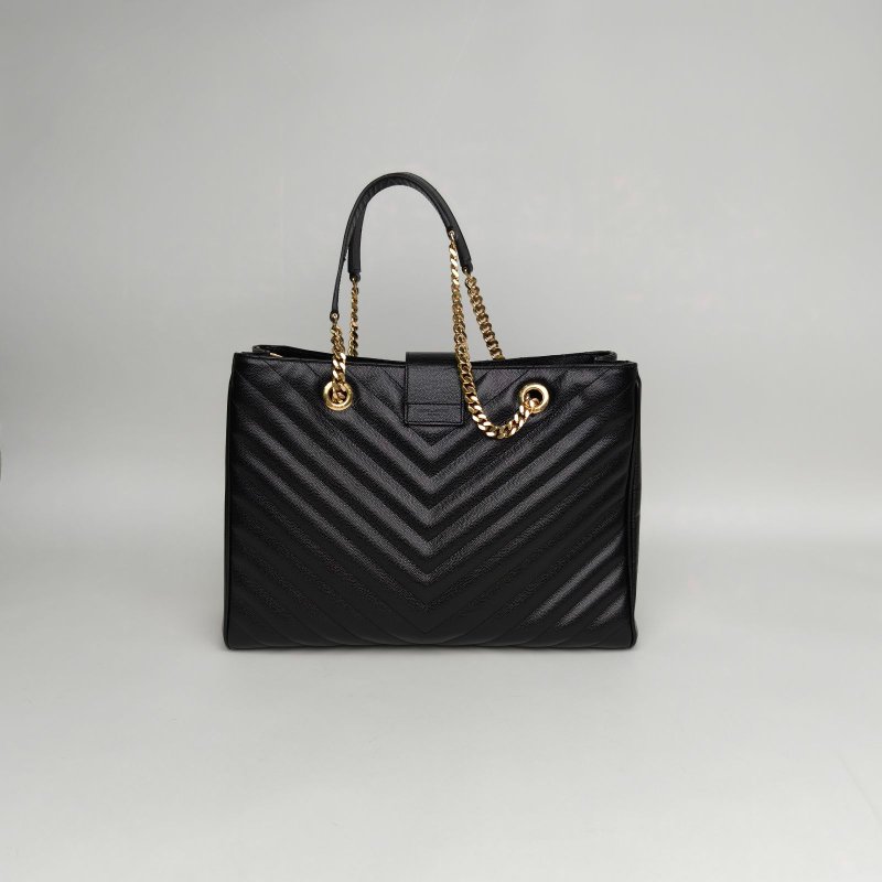 SAINT LAURENT 黑色荔枝牛皮金扣V紋信封單肩托特包肩背包-2