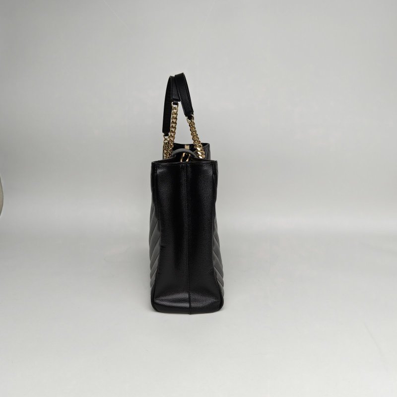 SAINT LAURENT 黑色荔枝牛皮金扣V紋信封單肩托特包肩背包-3