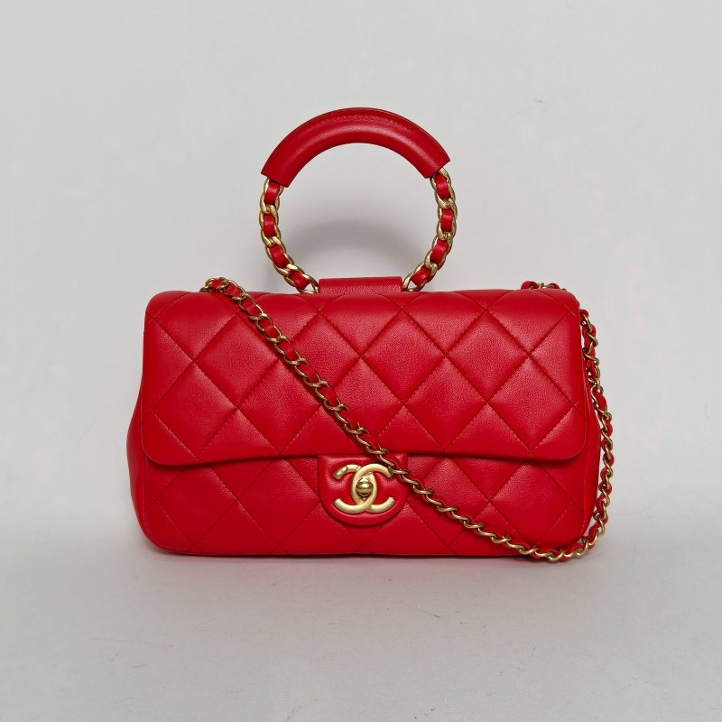 CHANEL 紅色羊皮29開金扣CF季節款圓環手柄25口蓋包肩背包-0