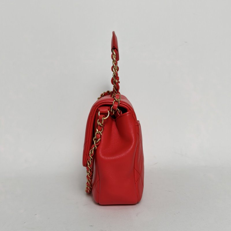 CHANEL 紅色羊皮29開金扣CF季節款圓環手柄25口蓋包肩背包-1