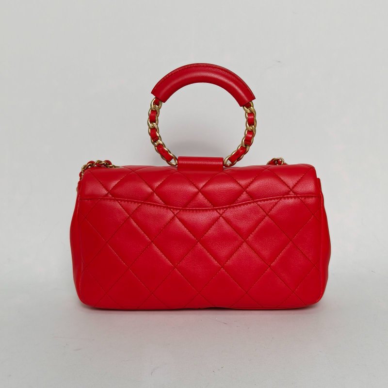 CHANEL 紅色羊皮29開金扣CF季節款圓環手柄25口蓋包肩背包-2