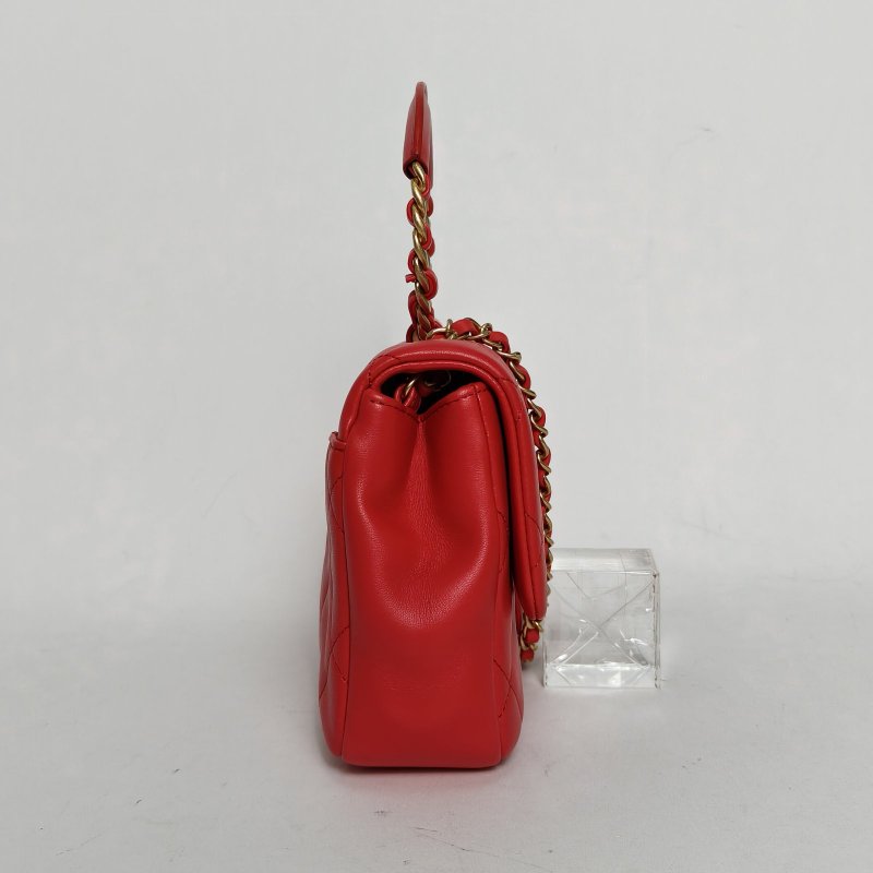CHANEL 紅色羊皮29開金扣CF季節款圓環手柄25口蓋包肩背包-3