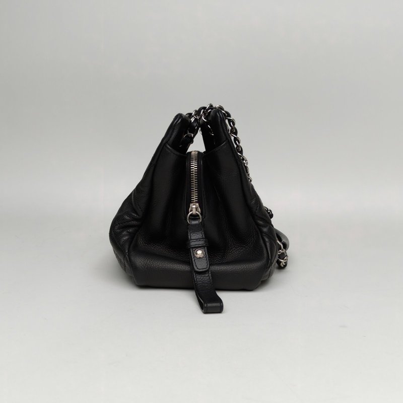 CHANEL 黑色荔枝牛皮14開銀扣雙C大LOGO手提托特包肩背包-3