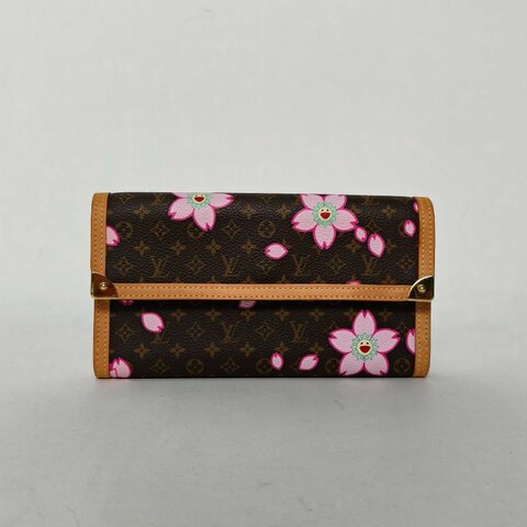 LOUIS VUITTON 老花PVC2003中古村上隆聯名櫻花長款錢包肩背包